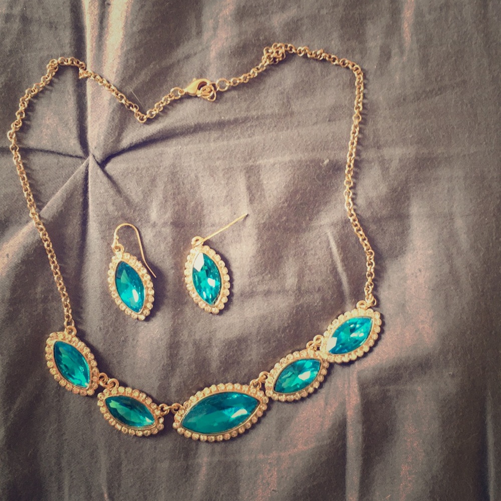 Gold and Blue Necklace and Earring Set